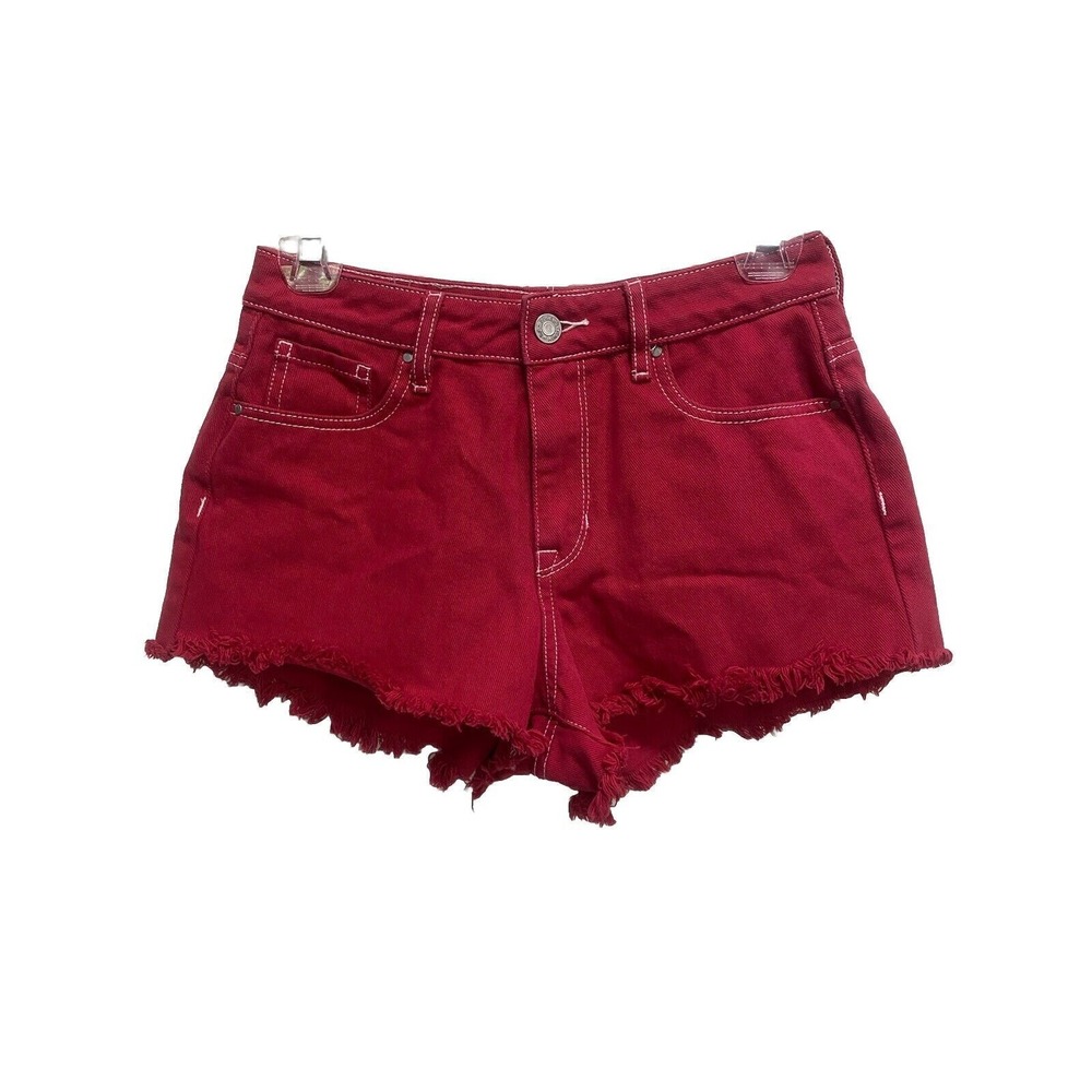 PacSun Red Denim Shorts Raw Hem Size 25 Mid Rise Zip Pockets
